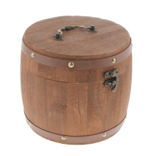 Recipiente hermético de madeira para armazenamento de alimentos, com design vintage em formato de barril.