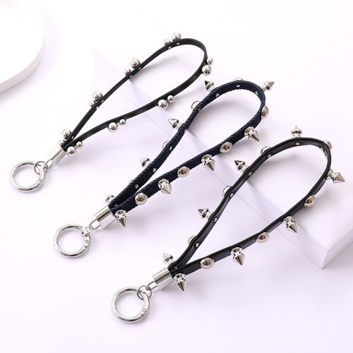 Unique Leather Keychain Phone Lanyard Strap With Metal Studs-A 1