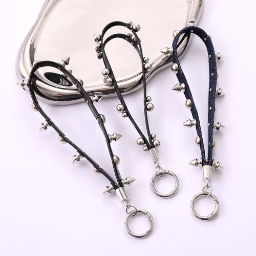 Unique Leather Keychain Phone Lanyard Strap With Metal Studs-A 2