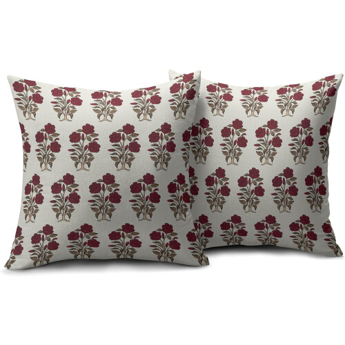 Conjunto de capas de almofada com estampa floral em blocos, em linho marrom e vermelho, 50x50 cm (20x20 polegadas). 1
