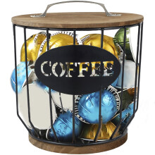 Coffee Pod Holder Wooden Base Black Wire Basket 12 Capsules