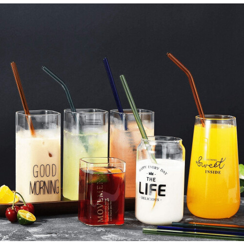 Reusable Bent Glass Straws 8mm 8-Pack Multicolor with 2 1