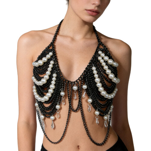 Source Direct Vest Acrylic Pearls Chain Comfort Long-Black OS