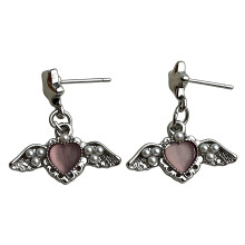 Sturdy Alloy Angel Wing Heart Pearls Stud Earrings-Pink