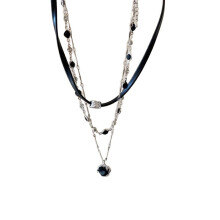 Fashion Layer Sweet Cool Black Leather Necklace Heart Pendant-A