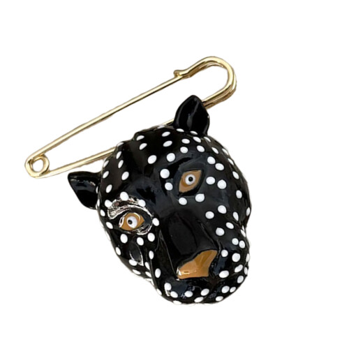 Vintage Enamel Exaggerated Leopard Head Brooch Elegant-Black