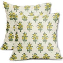 Kissenbezüge mit Salbeigrün und gelbem Blumenmuster, 45 x 45 cm, 2er-Set