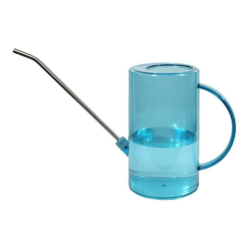 Regador azul de 1,5L com bico longo e corpo transparente.
