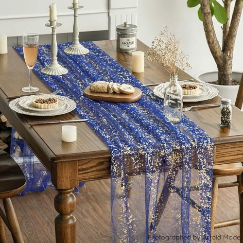 Dark Blue Gold Silk Screen Table Runner 3 pcs 2