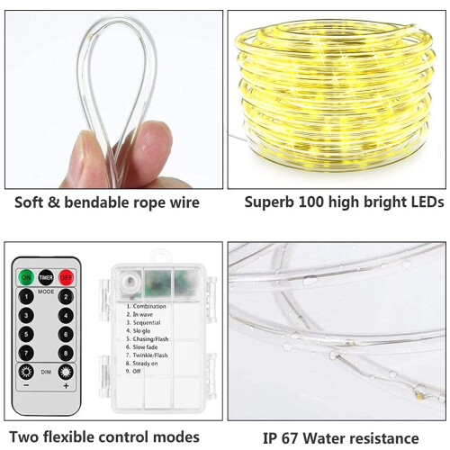 LED Rope Lights Battery Powered 39ft 100 LEDs Warm White 1