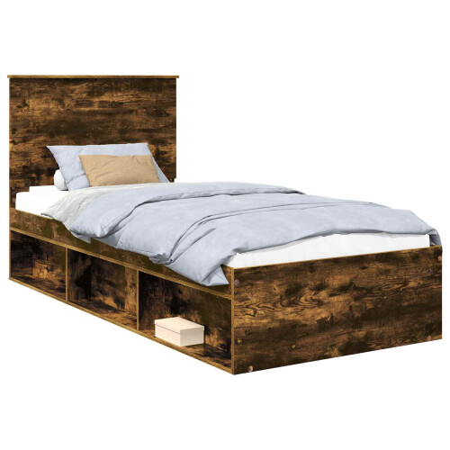 vidaXL Bed Frame with Headboard Smoked Oak 75 x 190 cm Solid Pine Wood 1