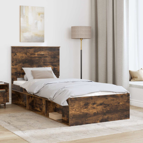 vidaXL Bed Frame with Headboard Smoked Oak 75 x 190 cm Solid Pine Wood 2