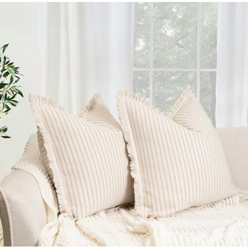Ensemble de 2 housses de coussin lombaire en coton rayé avec franges 1