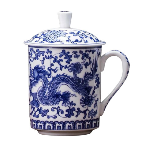 Blue and White Ceramic Tea Mug with Lid