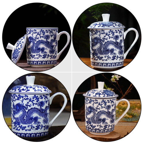 Blue and White Ceramic Tea Mug with Lid 1