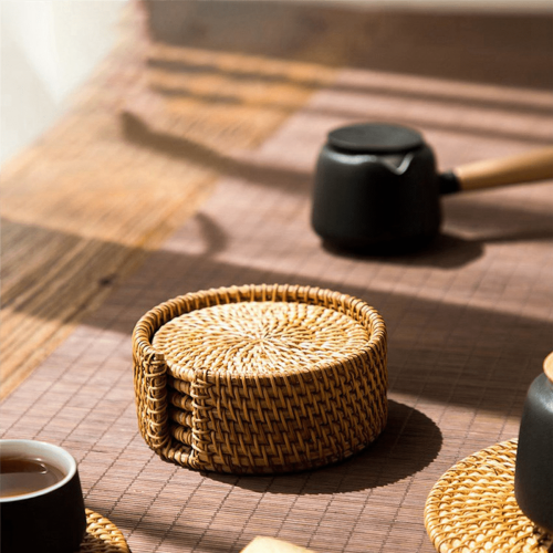 12 Pack Rattan Coasters Round 8 cm Vintage Style 1