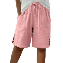 Women's  Shorts, Casual Wide-Leg Knee-Length HighCotton-Pink M