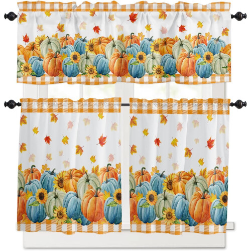 Blue Orange Pumpkin Kitchen Curtain Set 1