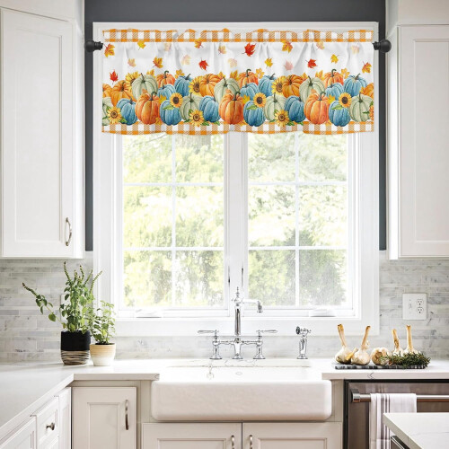 Blue Orange Pumpkin Kitchen Curtain Set 2
