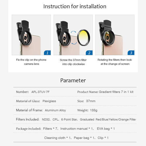 7-i-1 37 mm graderat linsfilterkit för smartphones 2