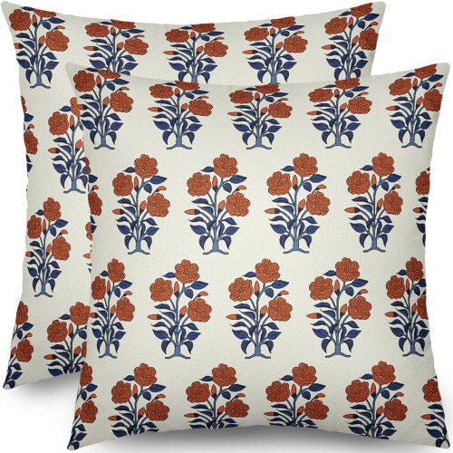 Conjunto de 2 capas de almofada floral laranja e azul marinho, 45x45 cm (18x18 polegadas).