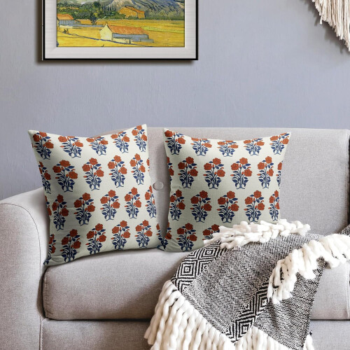 Conjunto de 2 capas de almofada floral laranja e azul marinho, 45x45 cm (18x18 polegadas). 2