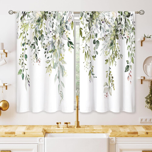 Köksgardiner med eukalyptusblad 66x96 cm (par)