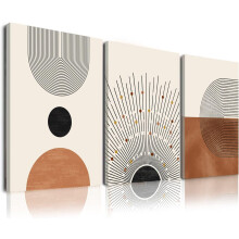 Set di 3 tele decorative in stile boho con motivi geometrici neutri e sole.