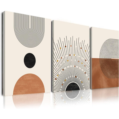 Boho väggkonst set med 3 – Neutral geometrisk solcanvas