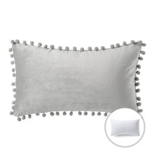 Velvet Pom Pom Throw Pillow 12x20 in Grey