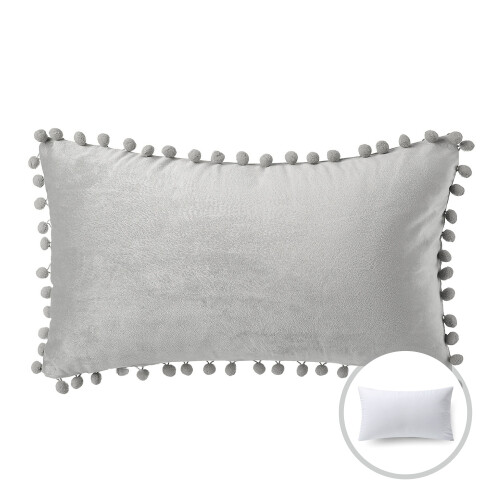 Velvet Pom Pom Throw Pillow 12x20 in Grey
