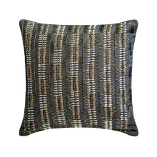 Funda de almohada gris de algodón y lino de 45 x 45 cm con estampado geométrico de cuentas