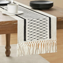 Boho macramé tafelloper van katoen en linnen, 183 cm