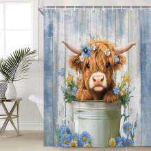 Duschvorhang „Hochlandrind“ im Landhausstil, blau mit Blumenmuster, 91 x 183 cm