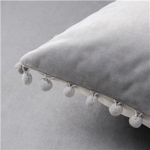 Velvet Pom Pom Throw Pillow 12x20 in Grey 1