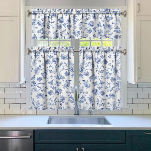 Blue Floral Kitchen Curtain Valance Set 3 pcs 2