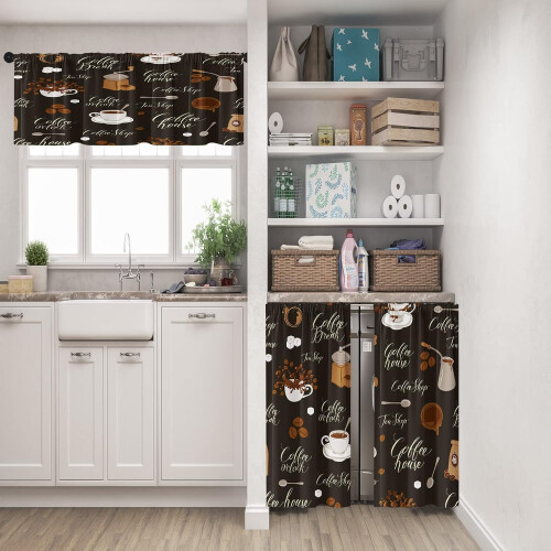 Küchenvorhang-Set, 3-teilig, orange, grau, beige 1