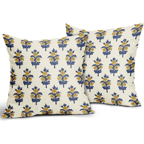 Conjunto de 2 capas de almofada florais em azul marinho e amarelo, 50x50cm (20x20 polegadas). 1