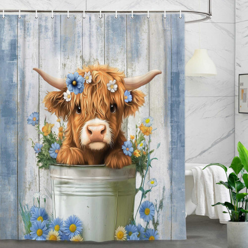 Κουρτίνα μπάνιου Highland Cow Farmhouse Μπλε φλοράλ 80x100 εκ. 1