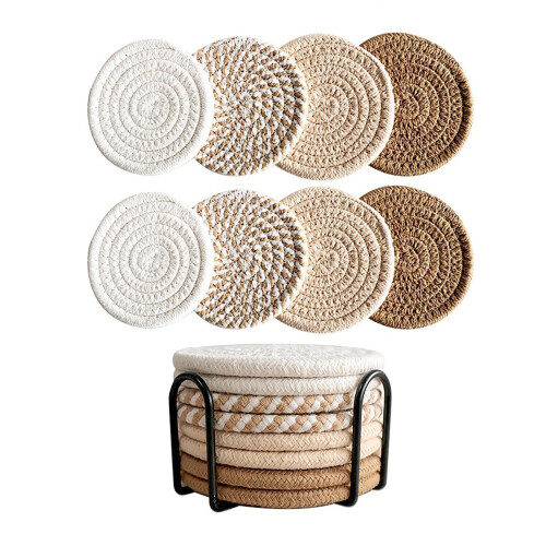 Conjunto de 8 porta-copos de corda de algodão com suporte de metal