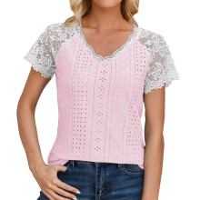 Women V-Neck Summer Tops Lace Short Sleeve Shirts-Pink XL
