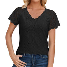 Women V-Neck Summer Tops Lace Short Sleeve Shirts-Black S