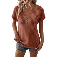 Women's Short-Sleeve Ribbed Knit Summer V-Neck-coral XXL