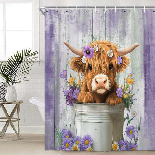 Κουρτίνα ντους Highland Cow Μωβ με φλοράλ στιλ Western