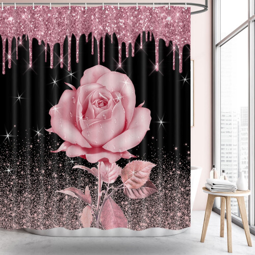 Κουρτίνα μπάνιου Rose - Μαύρη & Ροζ, Αδιάβροχη Πολυεστερική,