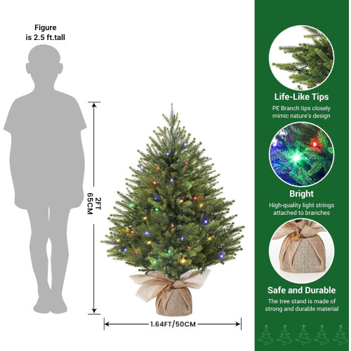 2ft Pre-lit Mini Christmas Tree with LED Lights, Remote and 2