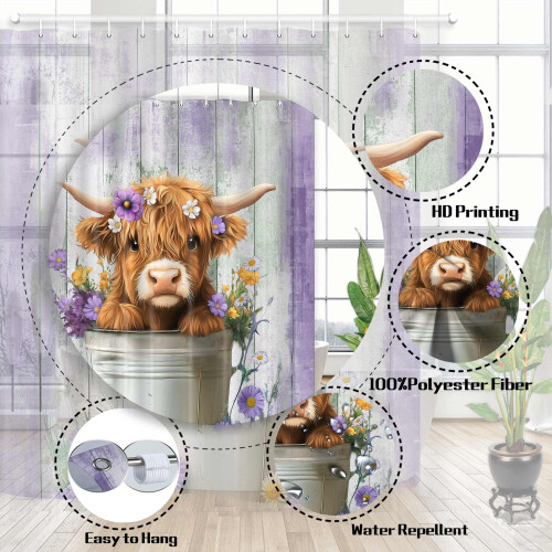 Κουρτίνα μπάνιου Highland Cow Μωβ με λουλούδια σε στυλ αγροικίας 70x85 εκ. 2
