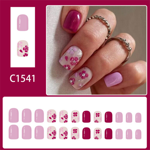 24pcs Short Square Artificial Nail Purple Flower Glittering 1