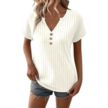 Women's Short-Sleeve Ribbed Knit Summer V-Neck-milky XL