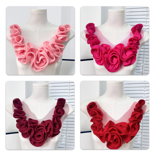 Recyclable Polyester Handmade Pleated Flower Patches-rose red 2